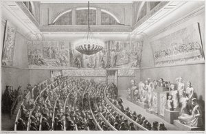 Sir Richard Westmacott (1775-1856) præsenterer et foredrag om skulptur på Royal Academy of Arts, Somerset House i 1830, 1830